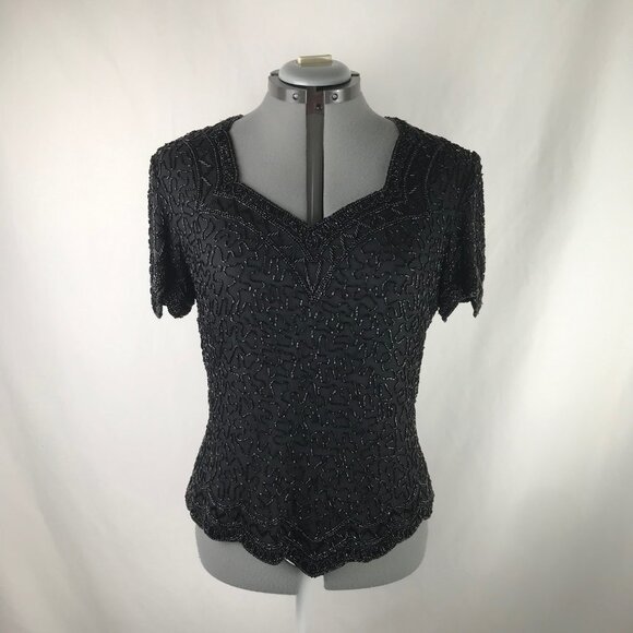 Vintage 80’s “Cote d’ Azur evening” black sparkly sequins beaded top, size M - Picture 2 of 10